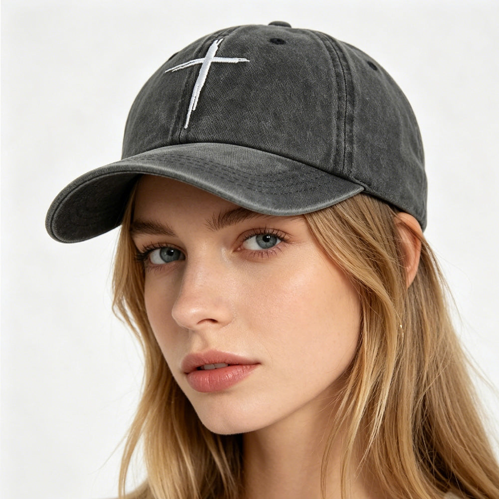 Cross Embroidered Baseball Cap vintage washed black front