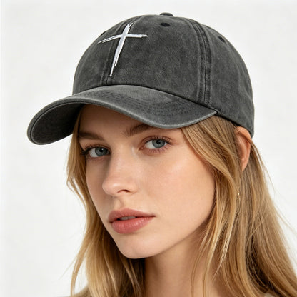 Cross Embroidered Baseball Cap vintage washed black front